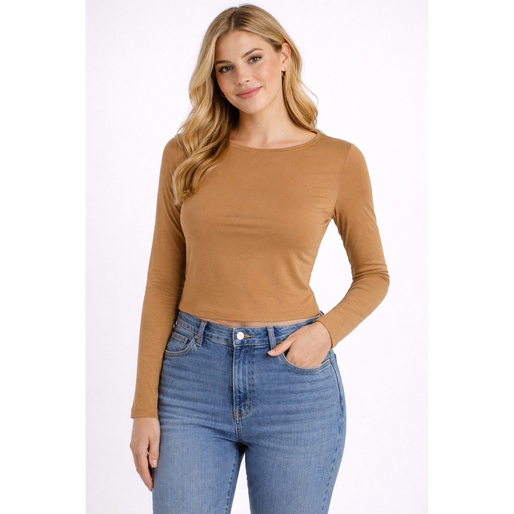 Ambiance Crop Top Small Camel Brown Boatneck Long Sleeve‎ Minimalist Y2K Chic